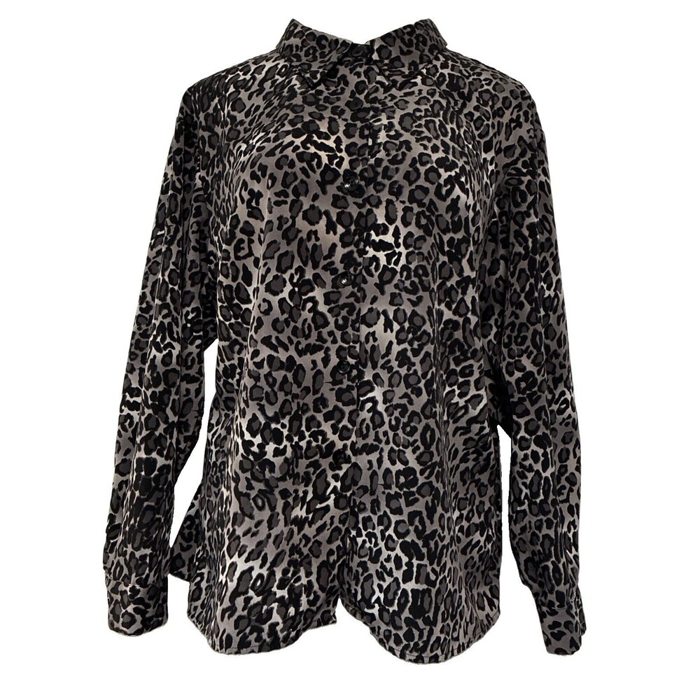 Susan Graver Blouse Button Up Shirt Animal Print Sleeve Black Silver Metallic 2X